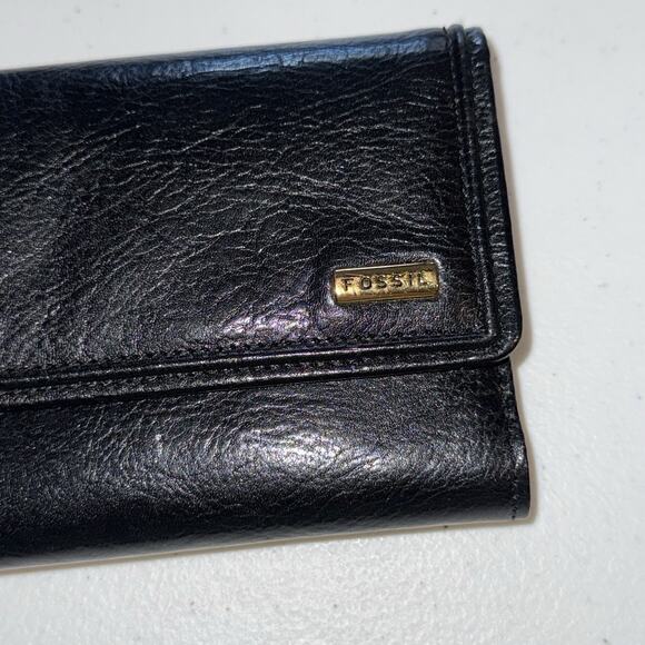 Fossil Women’s Genuine Leather Trifold Wallet With Checkbook Divider Black - Picture 2 of 7